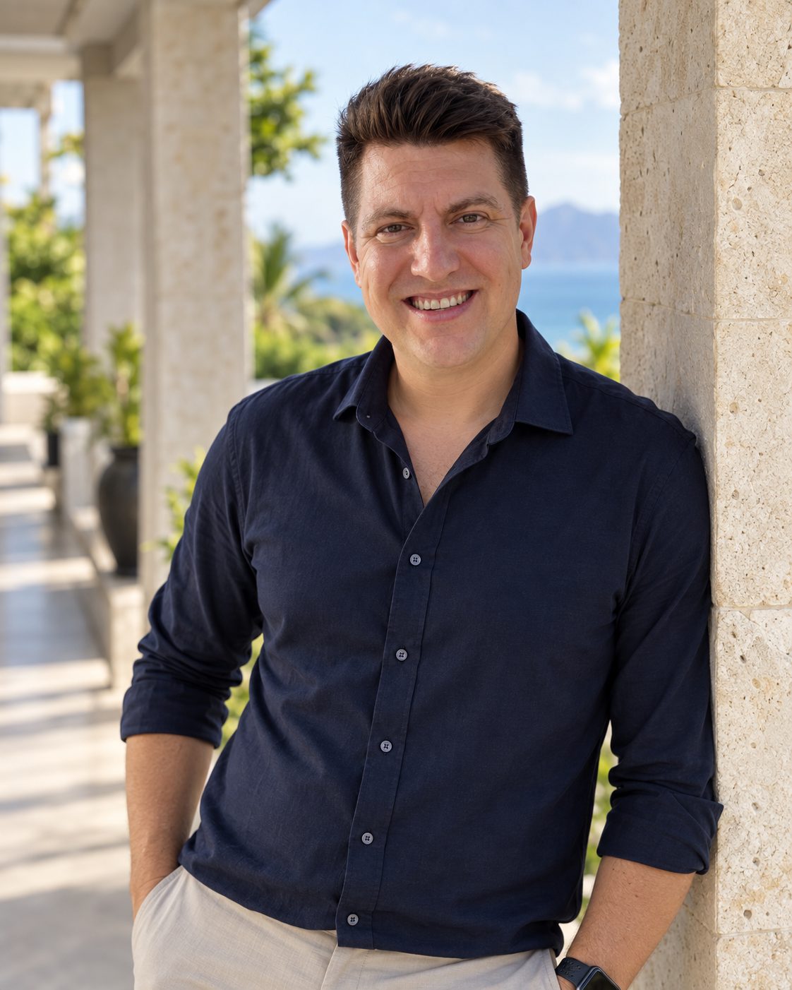 Val Glushkov on a terrace by the sea